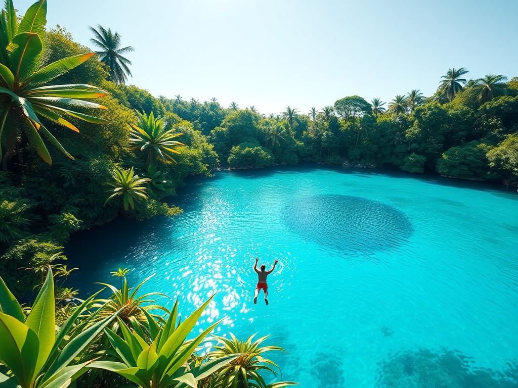 A serene landscape showcasing the Blue Hole in Jamaica. The image should capture the vibrant turquoise waters of the Blue Hole, surrounded by thick lush greenery and tropical plants. The sunlight should reflect off the water, creating a magical and inviting atmosphere. In the foreground, a single person is seen diving into the water, emphasizing adventure and exploration. The background should be clear and simple, focusing on the natural beauty of the Blue Hole.