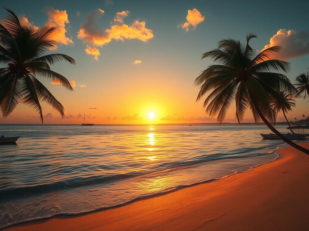A serene Jamaican landscape showcasing a tranquil beach with crystal-clear water and palm trees swaying in the breeze. The sun sets on the horizon, casting a warm golden glow over the scene, creating a peaceful atmosphere. The composition should focus on the beach and the vibrant colors of the sunset, with minimal distractions in the background.