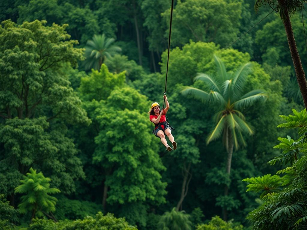 A thrilling ziplining scene in the lush Jamaican rainforest. The image should focus on a single person mid-zipline, with a vibrant green background of trees and foliage. The person should appear excited, showcasing the adventure and adrenaline of the activity. The composition should be clear and simple, with no other distractions in the background, emphasizing the beauty of nature and the exhilaration of ziplining.