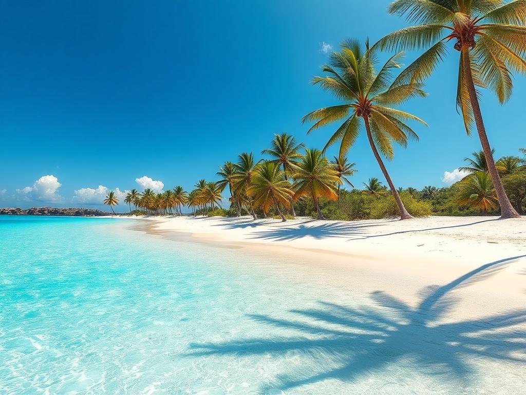 A stunning view of Doctors Cove Beach featuring soft white sands and crystal-clear turquoise waters. The composition should focus on the beach, showcasing the vibrant colors of the water contrasting with the white sand. In the background, there should be lush green palm trees and a clear blue sky, creating a serene and inviting atmosphere. The image should capture the essence of relaxation and the natural beauty of this idyllic beach setting.