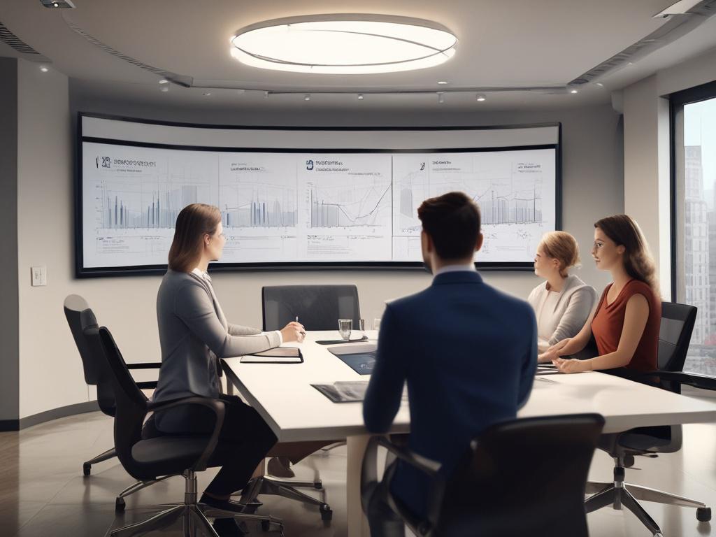 A focused business consultant presenting a strategic plan to a small group of clients in a sleek, modern conference room. The consultant is gesturing towards a digital presentation displayed on a large screen, highlighting key growth strategies. The clients are engaged and taking notes, with expressions of curiosity and interest. The background features large windows with a cityscape view, symbolizing opportunity. The composition captures a moment of collaboration and insight, rendered in hyper-realistic de