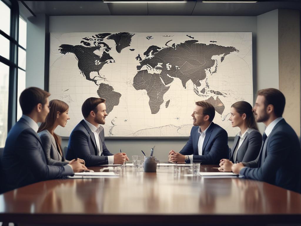 A dynamic meeting scene where business leaders from different countries are engaging in a partnership discussion. The setting is an elegantly designed boardroom with a world map on the wall, symbolizing global connections. The leaders are exchanging ideas with enthusiasm, with documents and digital tablets on the table. The atmosphere is one of excitement and opportunity, captured in hyper-realistic detail, showcasing the essence of international collaboration.