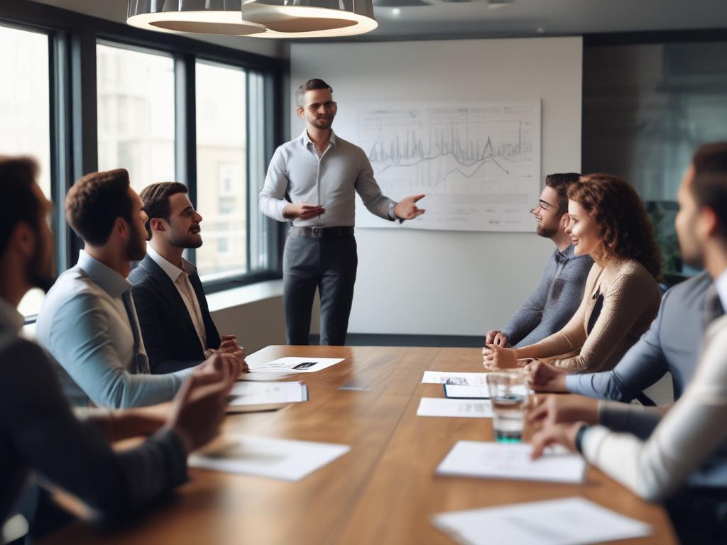 A close-up shot of an entrepreneur presenting a pitch deck to a group of attentive investors. The background should be a professional meeting room, highlighting focused expressions and engaged body language. The image should be high-resolution and rendered in a hyper-realistic style, using a 45mm f/1.2 lens effect.