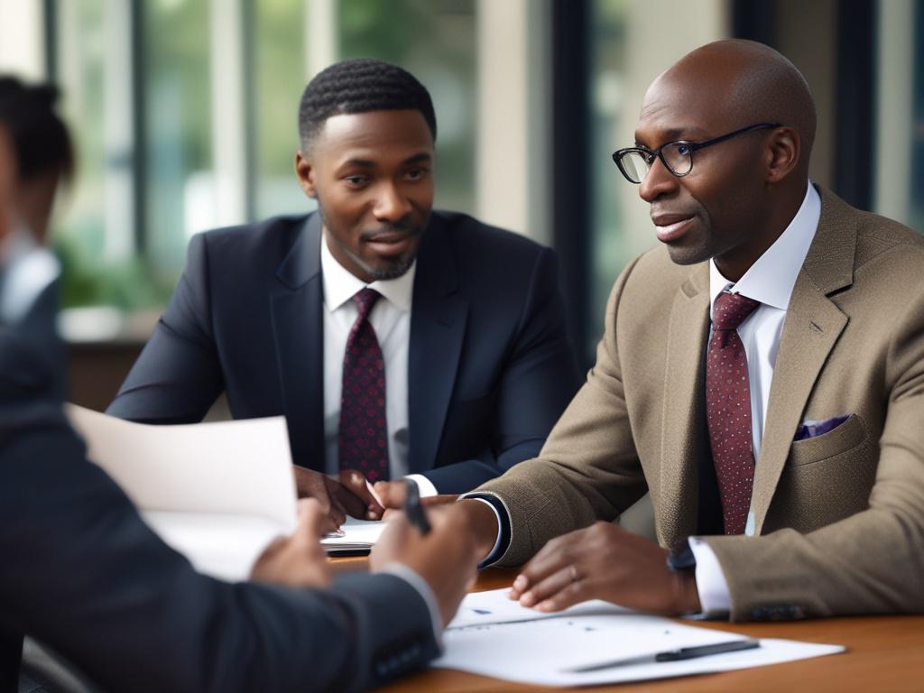 Create a hyper-realistic close-up shot of a business consultant engaging with a client. The consultant should be a middle-aged Black man in a professional attire, sitting at a modern desk with a laptop open and documents spread out. The background should be a bright, contemporary office space that conveys a sense of professionalism and connectivity. The lighting should be warm and inviting, emphasizing the consultant's focused expression and the client's attentive demeanor. Use a 45mm f/1.2 lens style to ac