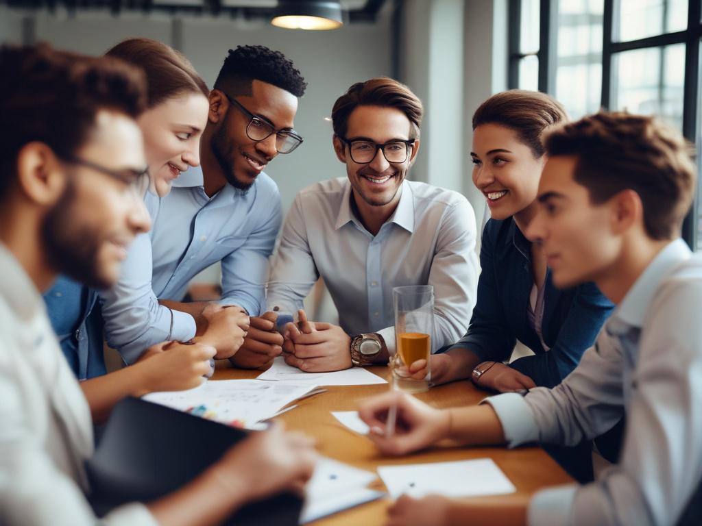 A close-up shot of a diverse group of entrepreneurs engaged in a brainstorming session, showcasing their determination and creativity. The background should be softly blurred to emphasize the group, featuring a modern office environment with hints of technology, like laptops and digital screens. The color palette should align with the rgb(122, 86, 4) primary color, bringing warmth and a sense of collaboration.