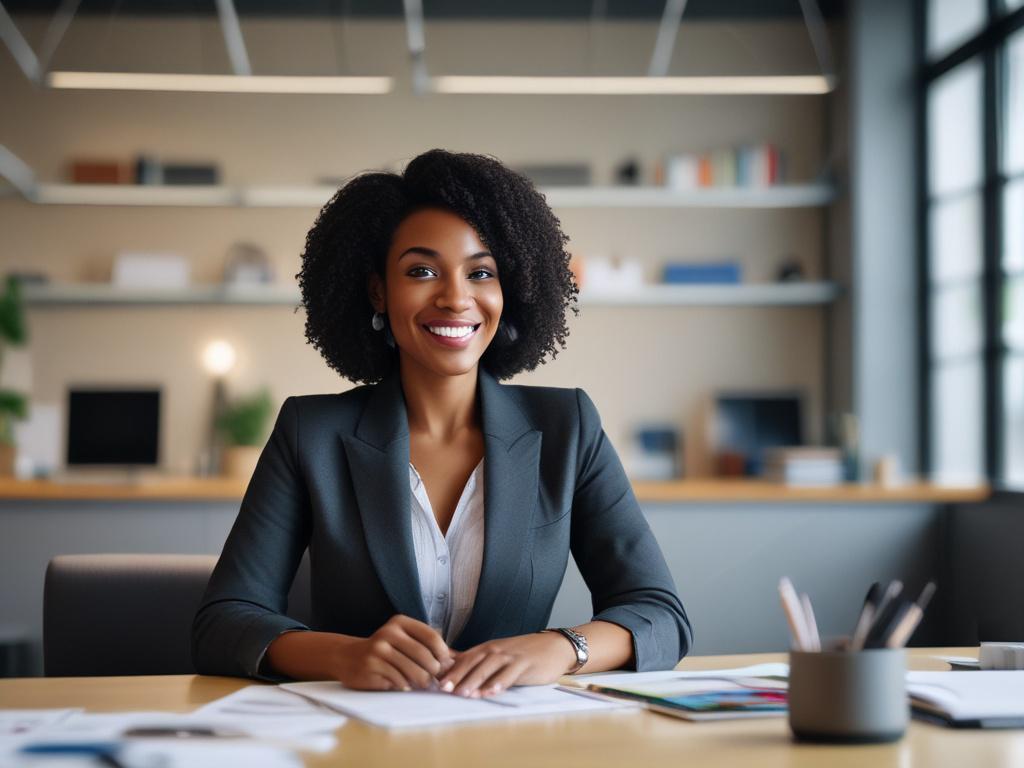 A close-up shot of a confident entrepreneur presenting a pitch deck in a well-lit modern office setting. The entrepreneur, a middle-aged Black woman, holds a sleek tablet displaying a colorful pitch deck. The background features a stylish conference table with notebooks and a laptop. The focus is sharp on the entrepreneur's determined expression and the tablet, with a soft blur on the background to emphasize the subject. The color scheme incorporates warm, inviting tones, compatible with rgb(122, 86, 4).