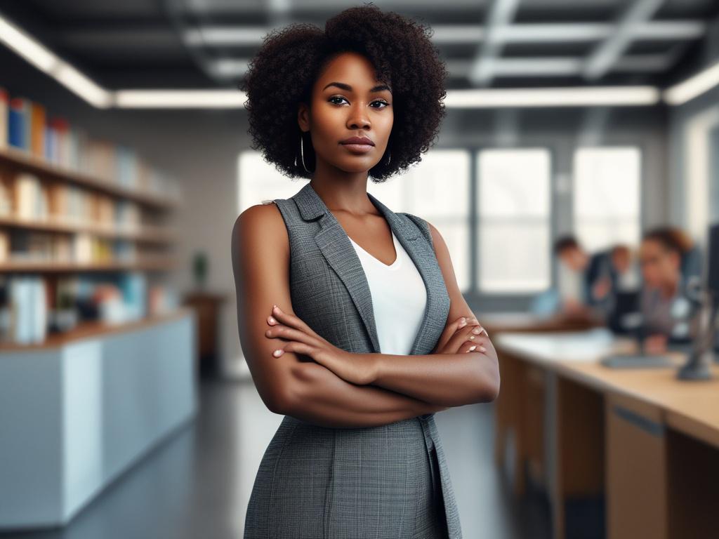 **AI Image Generation Prompt:**

Create a realistic high-resolution photo featuring a single entrepreneurial figure, a confident Black woman in her early thirties, standing in a bright, inviting workspace. She is dressed in professional attire, exuding a sense of purpose and creativity. Her expression is focused yet optimistic, portraying determination and vision.

The composition should be simple and clear, with the subject positioned slightly off-center to the right, allowing space on the left to emphasiz