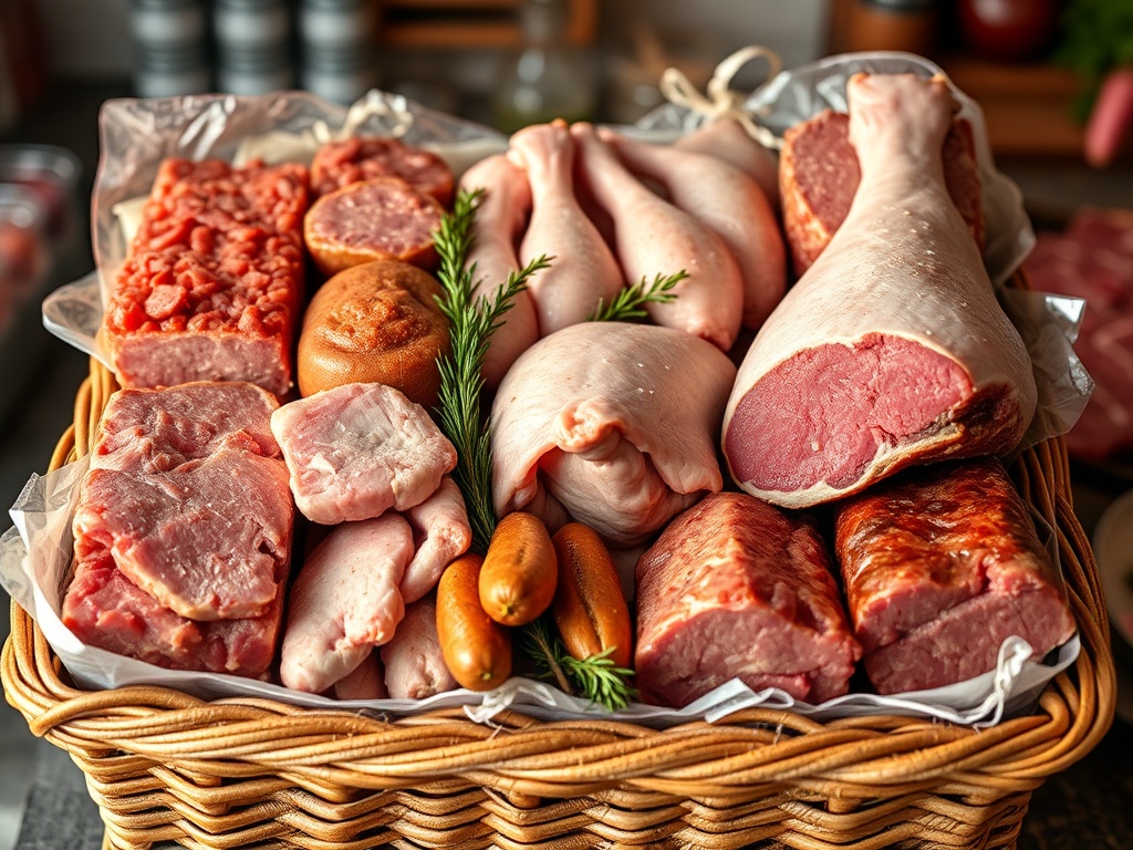 Fresh local South African meat hamper display with mince, boerewors, chicken, pork chops, and beef stew