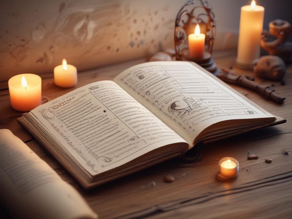 Create a high-resolution image of an open astrology book on a wooden table, surrounded by soft candlelight. The background should feature a cozy room with gentle lighting and a peaceful atmosphere, while the book contains illustrations of zodiac signs and celestial bodies.