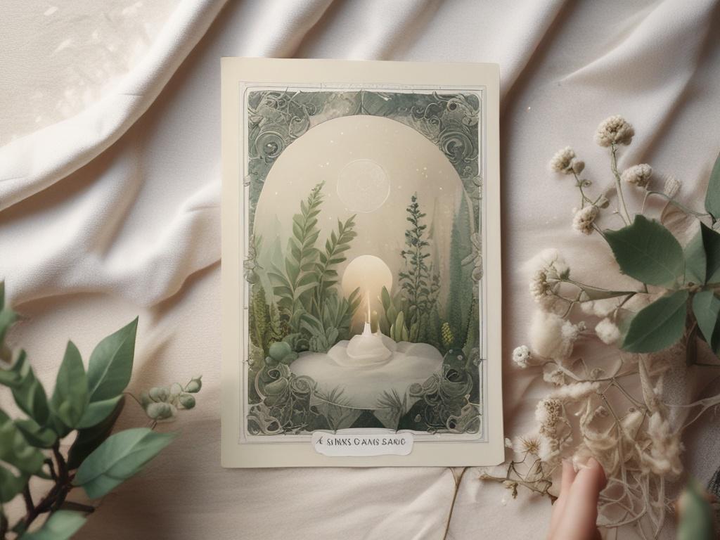 Generate a realistic image of a beautifully illustrated oracle card laid on a soft, textured fabric. The scene should include gentle lighting, with surrounding elements like crystals and plants that create a peaceful and serene atmosphere.