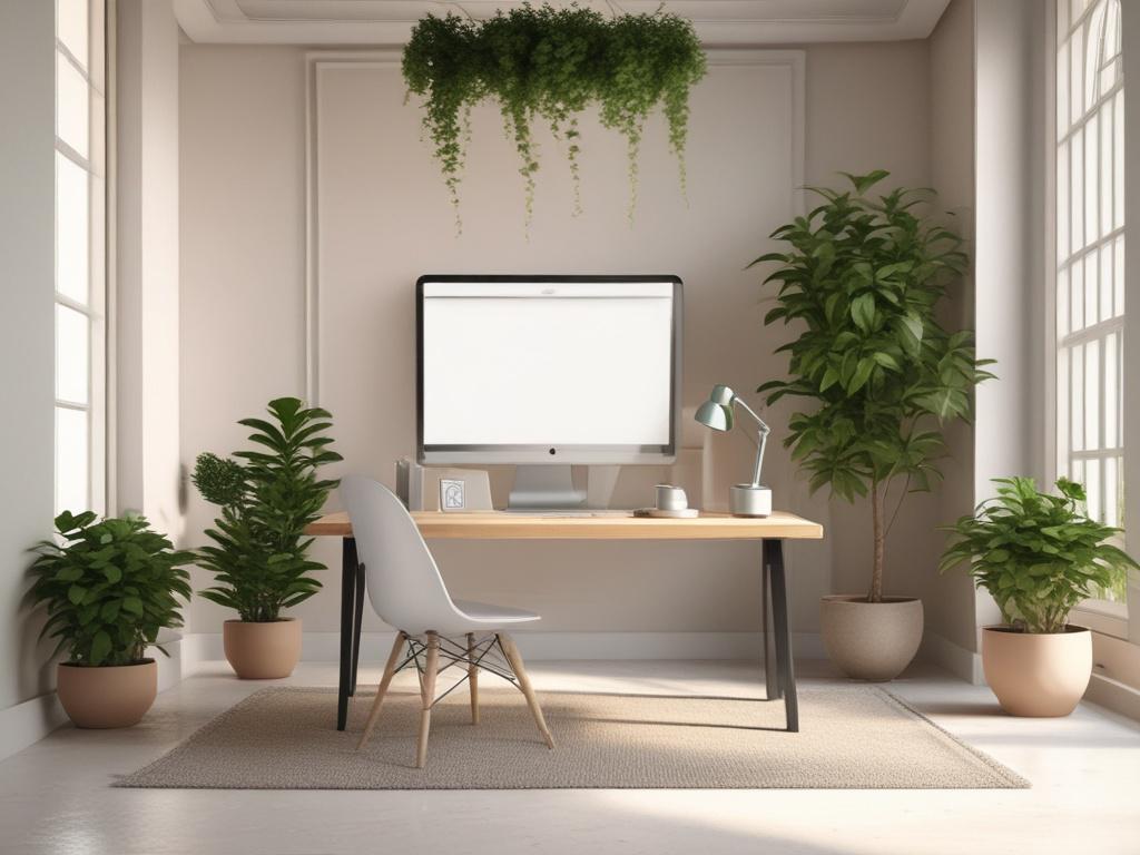 Create a high-resolution image of a serene virtual meeting setup, showcasing a peaceful room with plants and soft lighting. Display a laptop screen showing a warm interaction between a spiritual guide and client, emphasizing a sense of connection and support.