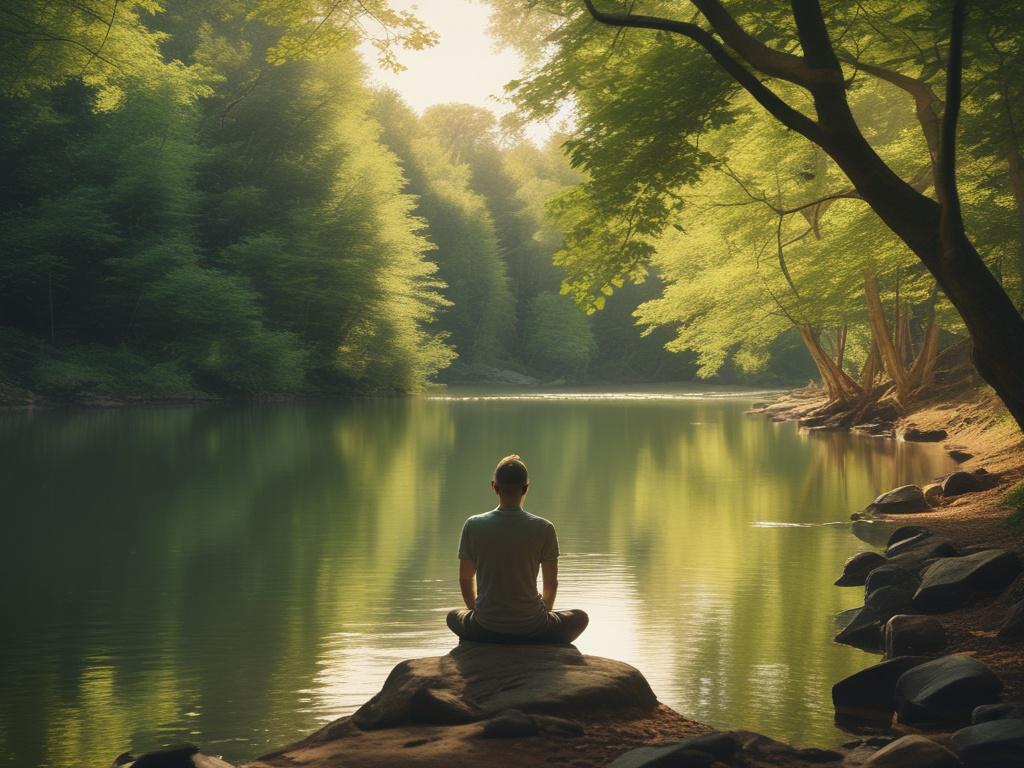 A serene landscape featuring a calm river flowing through a