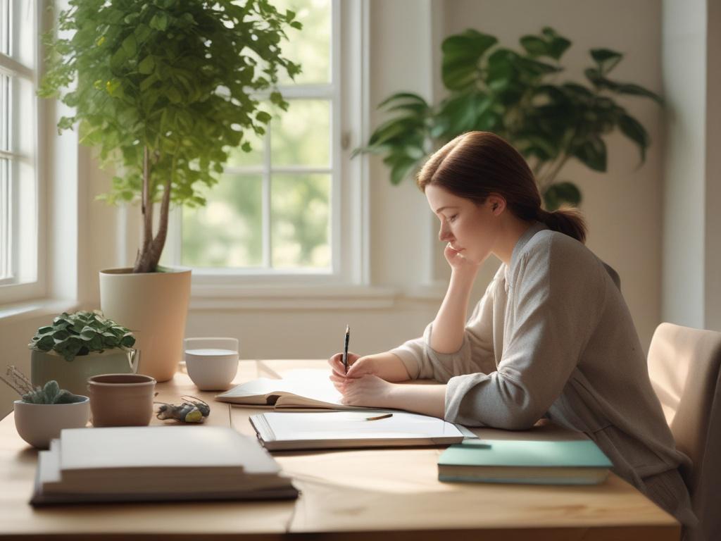 a thoughtful person reflecting in a quiet space, soft natural