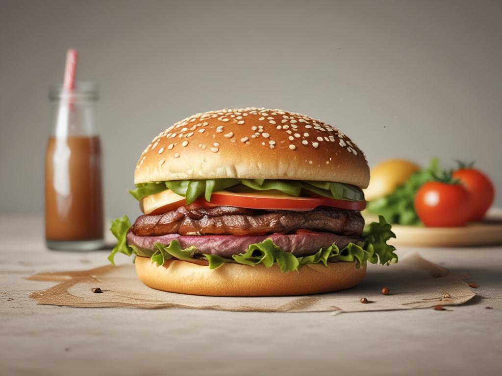 juicy burger, grilled beef, toasted bun, fresh toppings