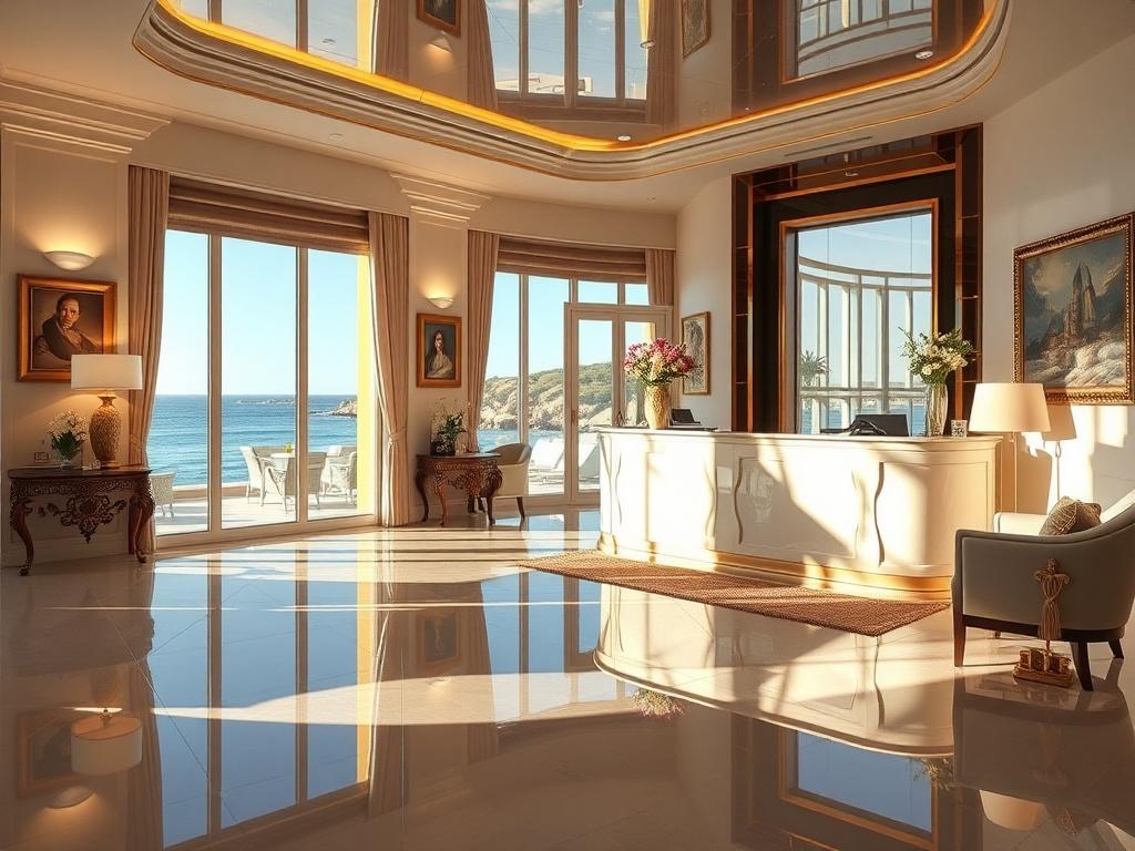 An elegant welcome area at a luxury vacation rental in Fréjus, featuring a stylish reception desk adorned with fresh flowers and soft lighting. The decor reflects the local culture with tasteful artwork and comfortable seating. A warm, inviting atmosphere invites guests to relax and feel at home as they arrive, with a view of the Mediterranean coastline visible through large windows.