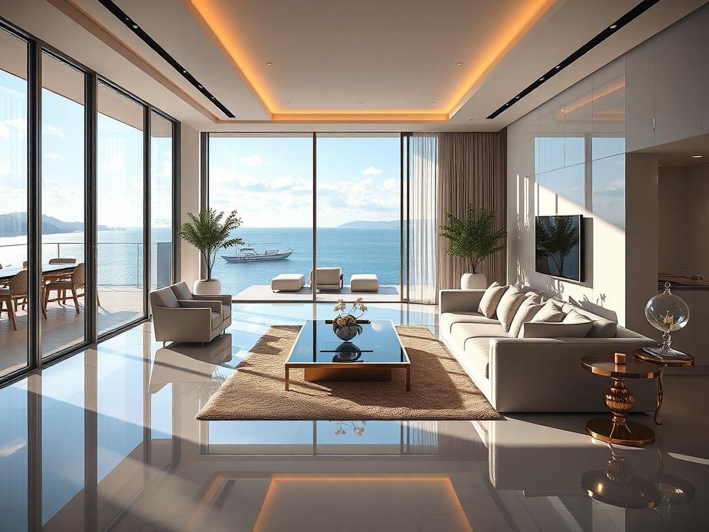 Create a realistic high-resolution photo of a luxurious vacation rental property on the Côte d'Azur. The image should showcase a beautifully designed living room with elegant furnishings and large windows that let in natural light. The background should feature a stunning view of the Mediterranean Sea. Use hyper-glossy, mirror-like reflections on surfaces, with luminous highlights that evoke a sense of luxury and relaxation.