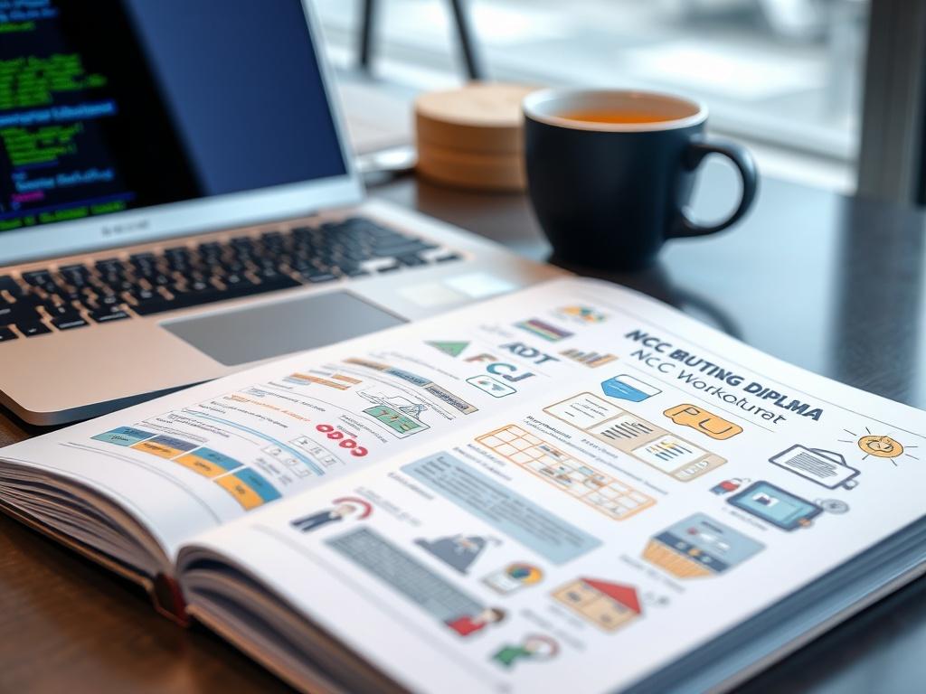 A close-up shot of an open workbook titled 'NCC Computing Diploma Workbook' on a modern desk, featuring colorful coding exercises and illustrations, with a laptop and coffee cup in the background. The focus is sharp on the workbook with a slightly blurred background.