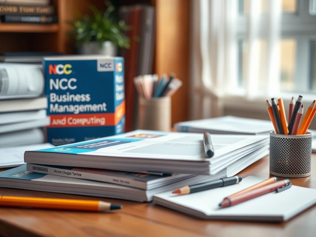 A close-up shot of a neatly arranged study kit featuring textbooks, revision guides, and stationery on a desk, all branded with 'NCC Business Management and Computing'. The focus is sharp on the study materials with a soft blurred background of a cozy study area.
