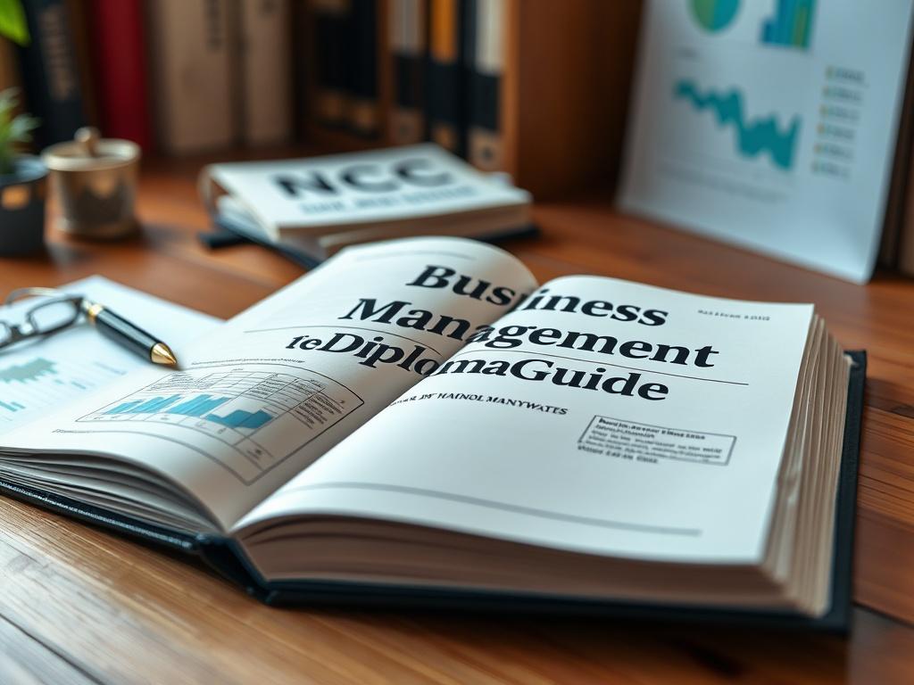 A close-up shot of an open book titled 'NCC Business Management Diploma Guide' on a wooden desk, with pages displaying charts and graphs, surrounded by a stylish pen and notepad. The focus is sharp on the book with a blurred background of a cozy study environment.