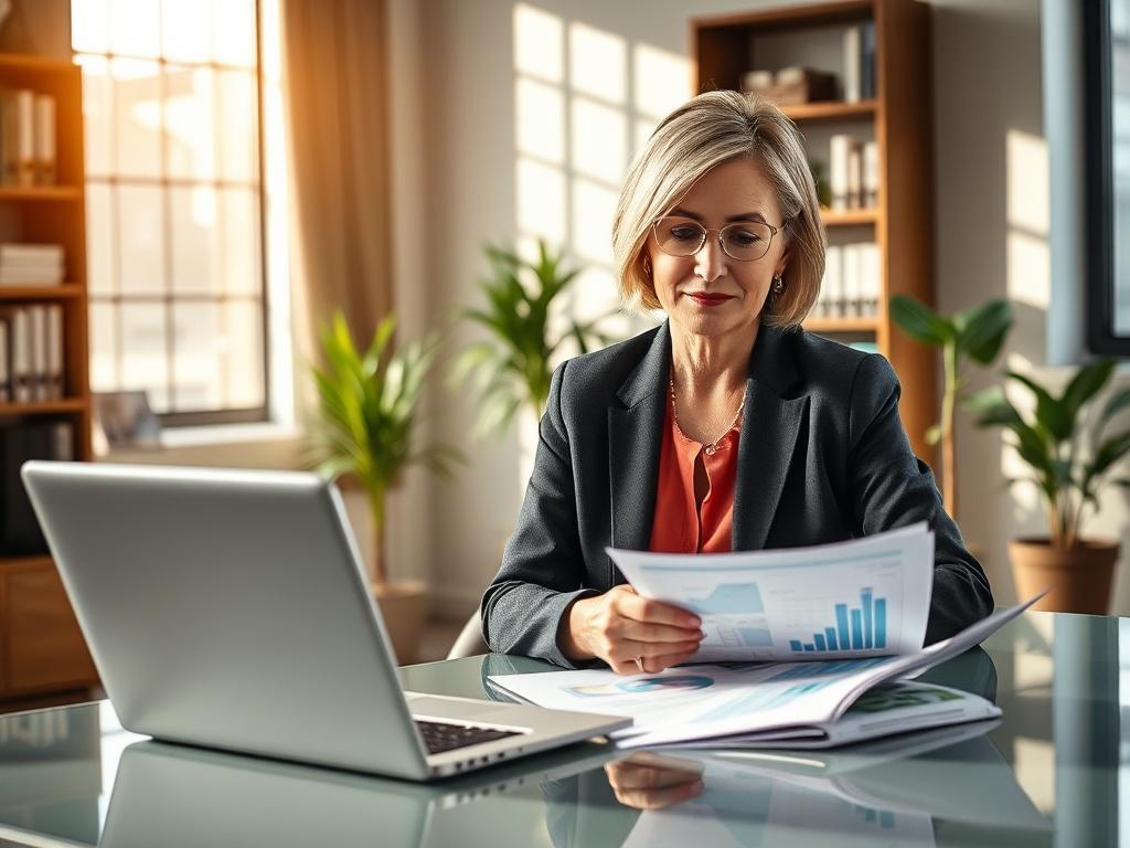 Create a realistic high-resolution photo that captures the essence of business management. The composition should be simple and clear, focusing on a single subject: a confident business professional, a middle-aged woman, dressed in smart business attire, who is seated at a sleek, modern desk. She is deeply engaged in reviewing documents, with a laptop open in front of her, showcasing graphs and charts related to business management concepts. 

The background should be softly blurred to emphasize the subject