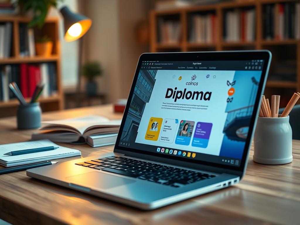 A close-up shot of an online learning environment, showcasing a laptop with a vibrant, interactive screen displaying a diploma course. The background features a cozy study space with books and stationery to evoke a sense of focus and productivity. The lighting is warm and inviting, enhancing the engaging atmosphere of online education.