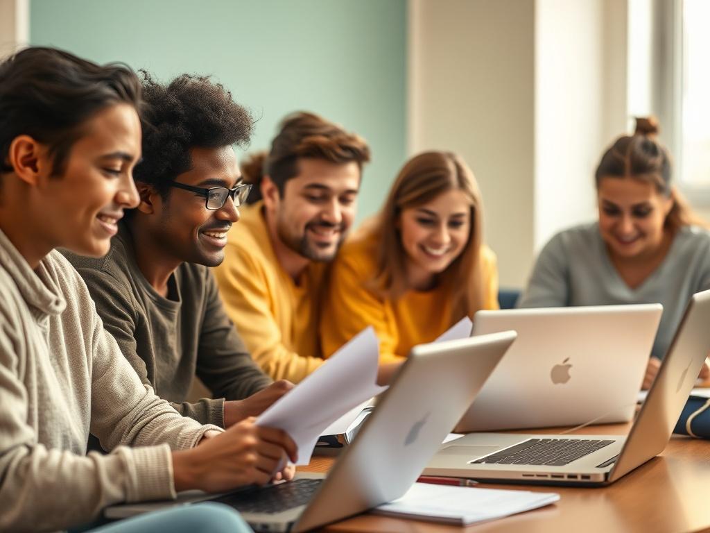 A close-up shot of a diverse group of students engaging in an online study session, with laptops open and notes scattered around. The scene conveys interaction and teamwork, emphasizing the collaborative nature of the Intermediate Diploma Package. The warm lighting creates a welcoming environment for online learning.
