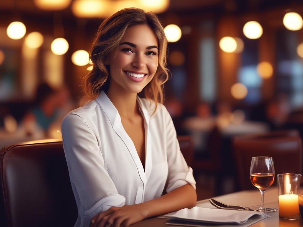A stunning young woman dressed elegantly with a warm smile,