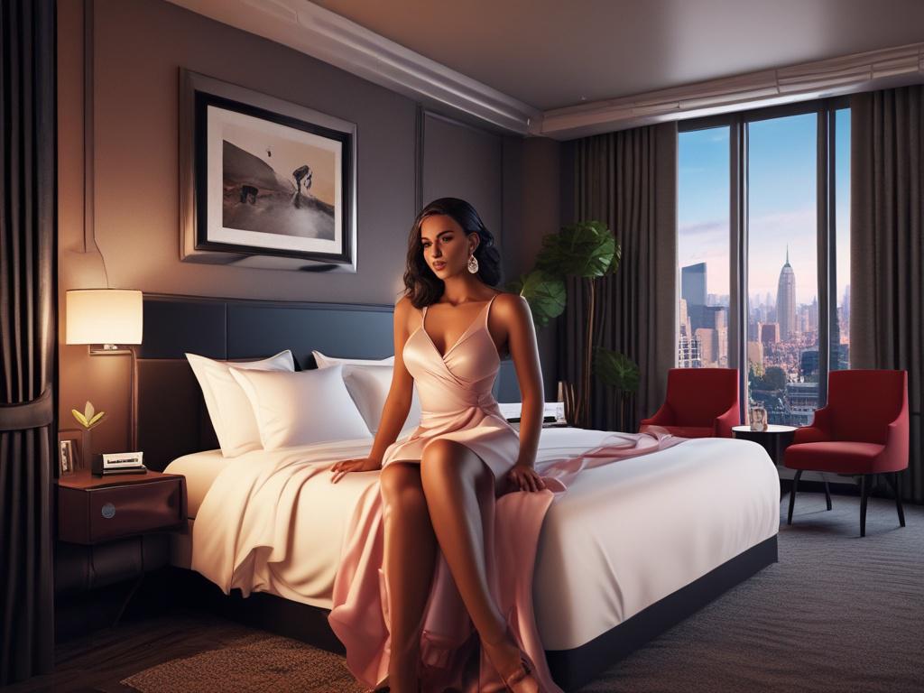 An enticing scene featuring a glamorous escort in a stylish