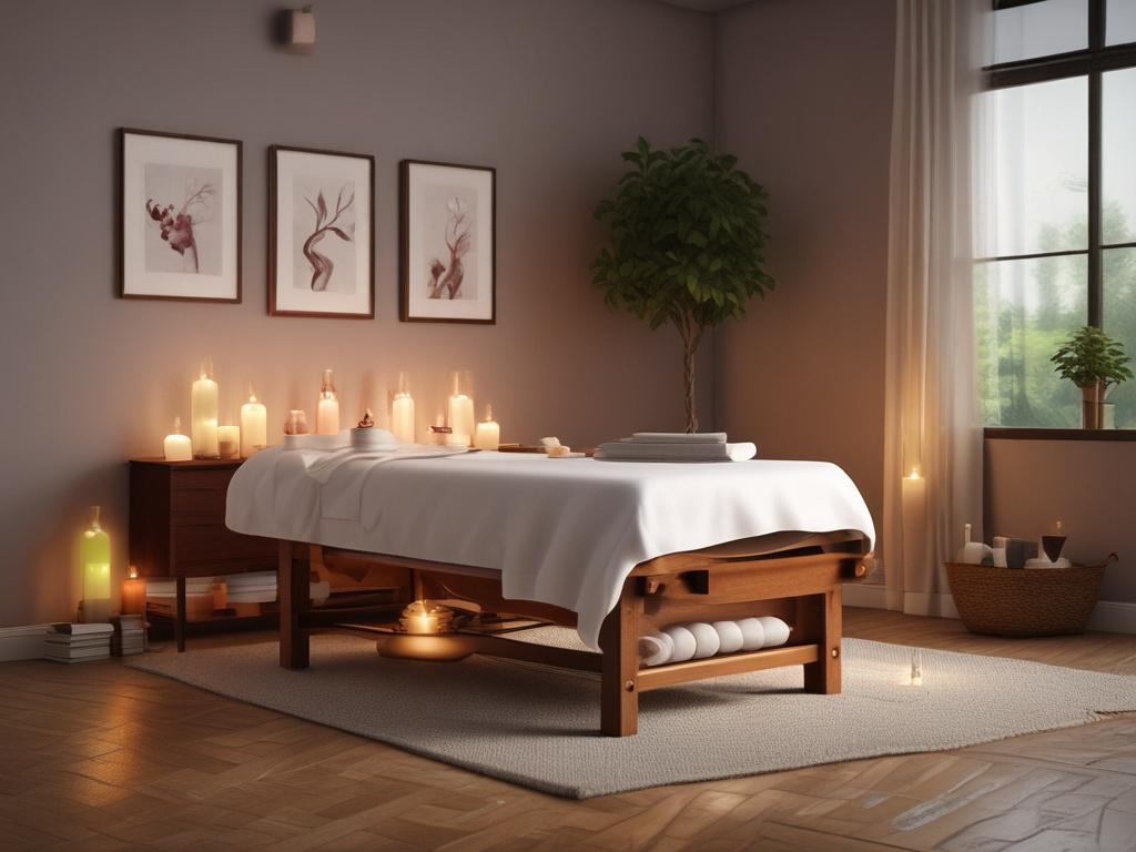 A serene setting with a beautifully arranged massage table surrounded