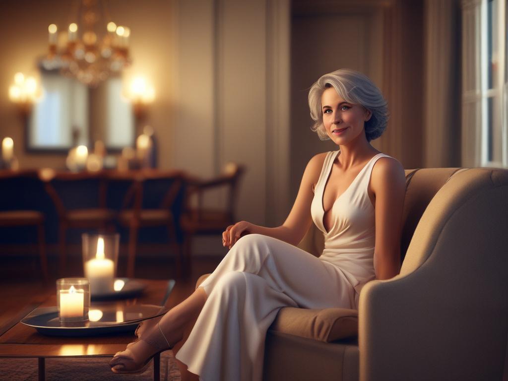 An elegant mature woman with confident poise, seated in a