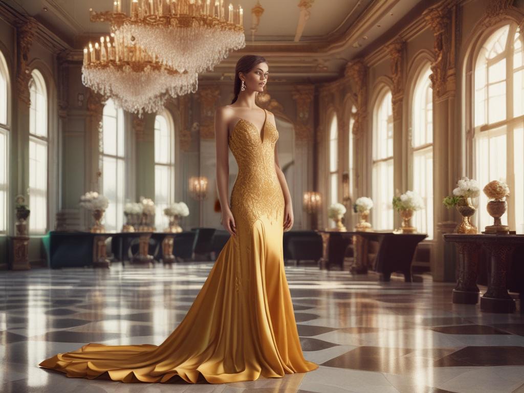A glamorous woman dressed in an elegant evening gown, standing
