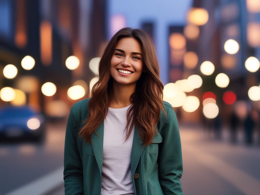 A beautiful young woman in a stylish outfit, smiling and