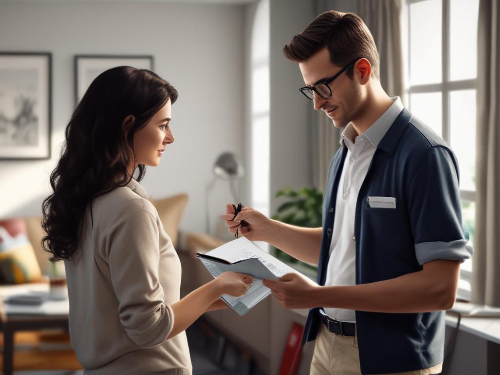 A friendly inspector performing a mid-term inspection in a lively student apartment. The inspector, a young person holding a clipboard, is assessing the living room while engaging with the student tenant, who appears relaxed and involved. The apartment is styled with colorful decor and personal touches, reflecting a vibrant student lifestyle. Natural light floods the room, creating an inviting atmosphere.