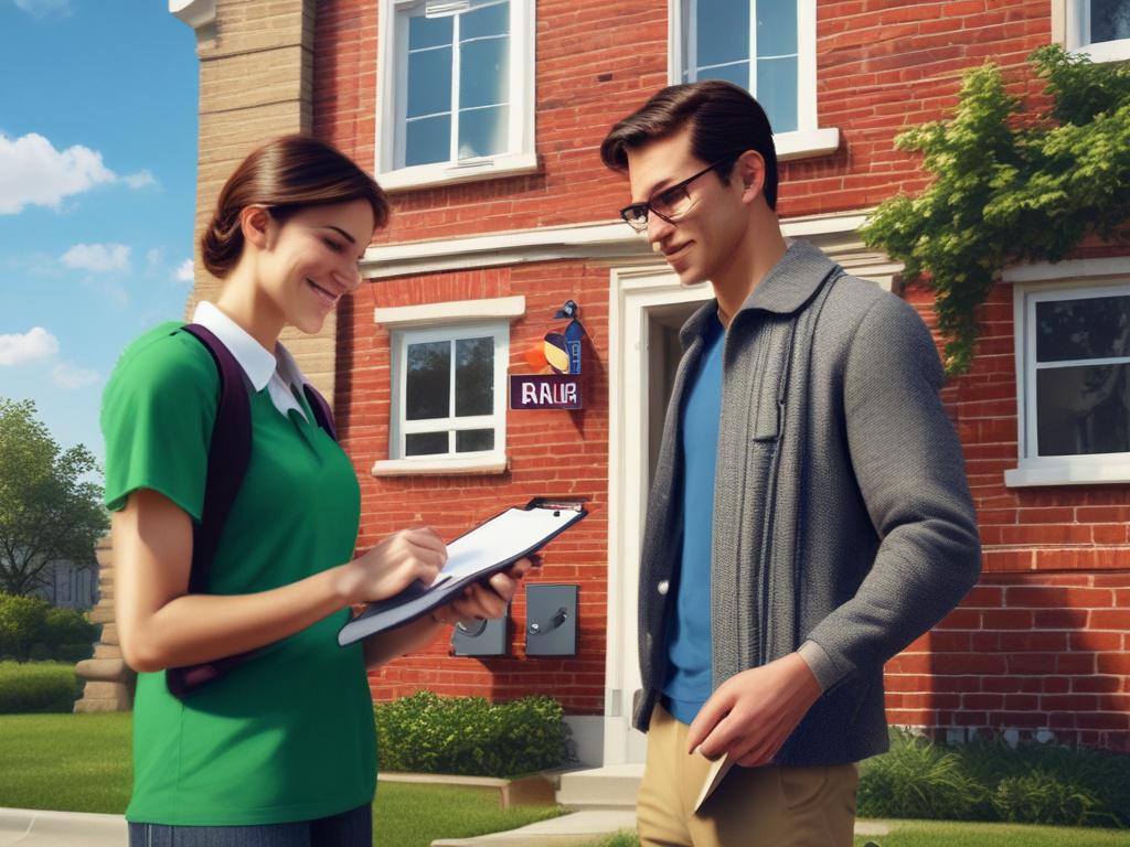 A cheerful inspector conducting a detailed assessment of a student rental property. The inspector, a young adult wearing a friendly smile, checks off items on a clipboard while examining the room for any issues. The background features a bright and clean student bedroom with minimalistic decor, showcasing a comfortable bed and study area. The overall atmosphere is welcoming and vibrant, with warm lighting enhancing the space.