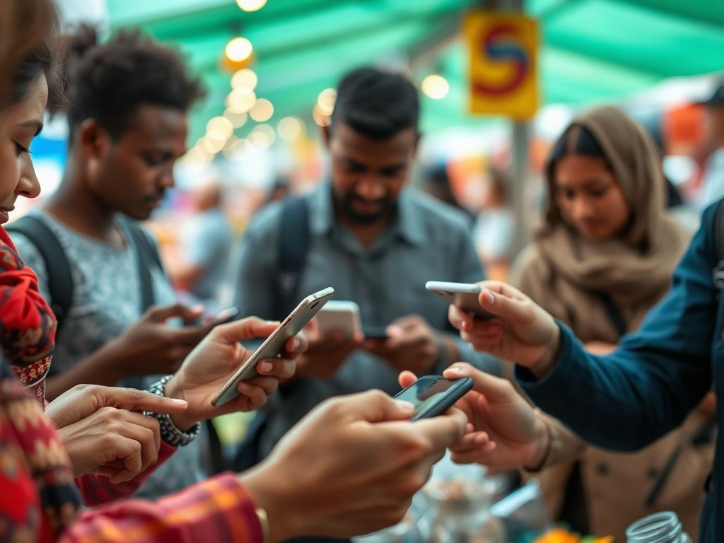 A close-up shot of a diverse group of people using mobile devices to make digital payments in an outdoor market setting. The focus should be on their hands interacting with the devices, showcasing the modern technology in use. The background should be softly blurred, capturing the vibrant energy of the market while highlighting the accessibility of digital payments. The image should reflect an inviting atmosphere, emphasizing inclusivity and innovation.