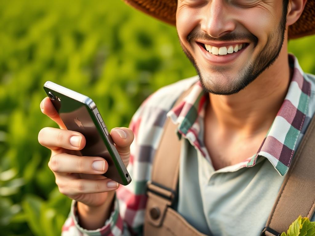 A close-up shot of a farmer holding fresh produce in one hand and a smartphone in the other, with a bright smile. The background features a lush green field, emphasizing the connection between farming and technology.