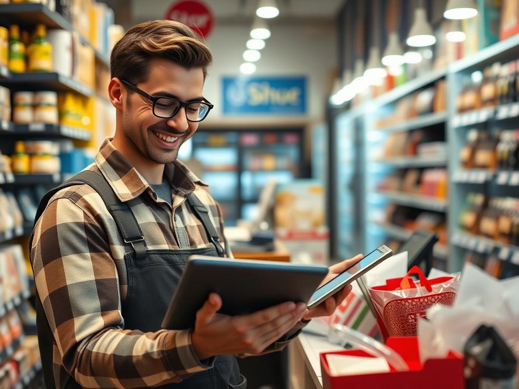 A close-up shot of a small retailer smiling while using a tablet to process a digital payment at their shop, surrounded by various products. The background shows an inviting store layout, reflecting a vibrant shopping atmosphere.