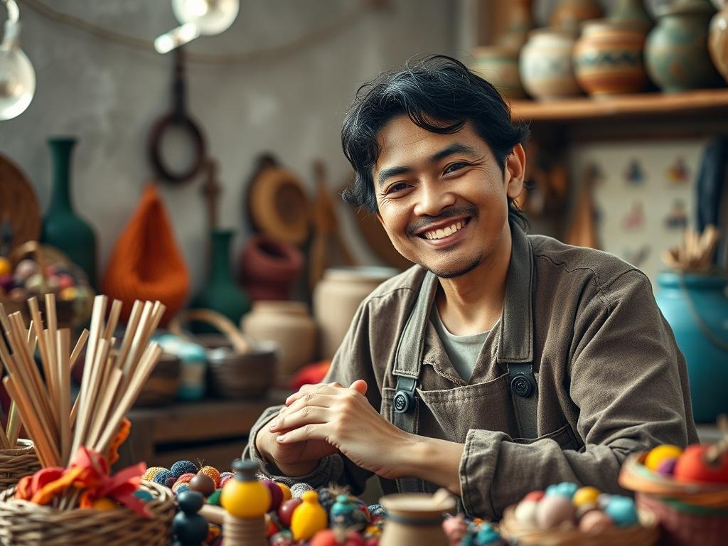 A close-up shot of a smiling artisan working on their craft, surrounded by colorful handmade items, showcasing their products. The background features a simple, rustic workshop with natural lighting, emphasizing the artisan's skill and dedication.