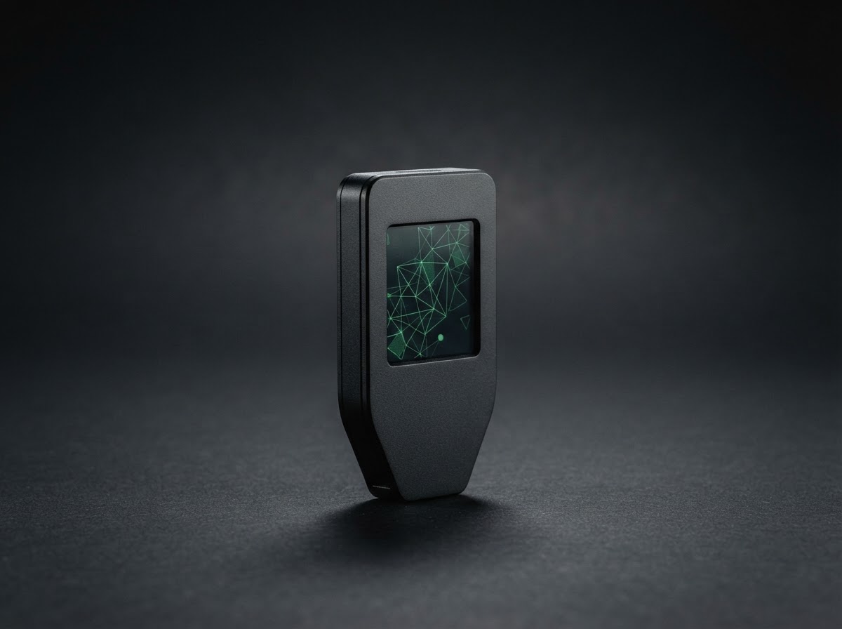 Matte black hardware wallet with a subtle green display, shown against a dark studio background