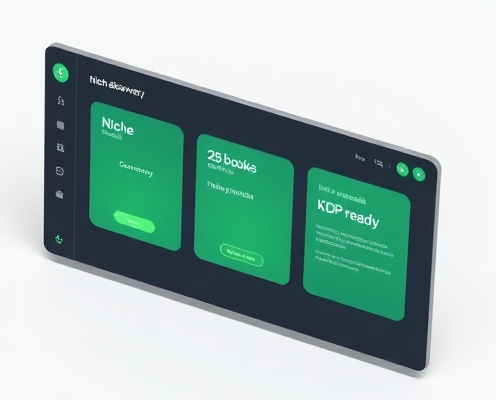 Dashboard showing niche discovery, 25 books generated, and KDP-ready metadata