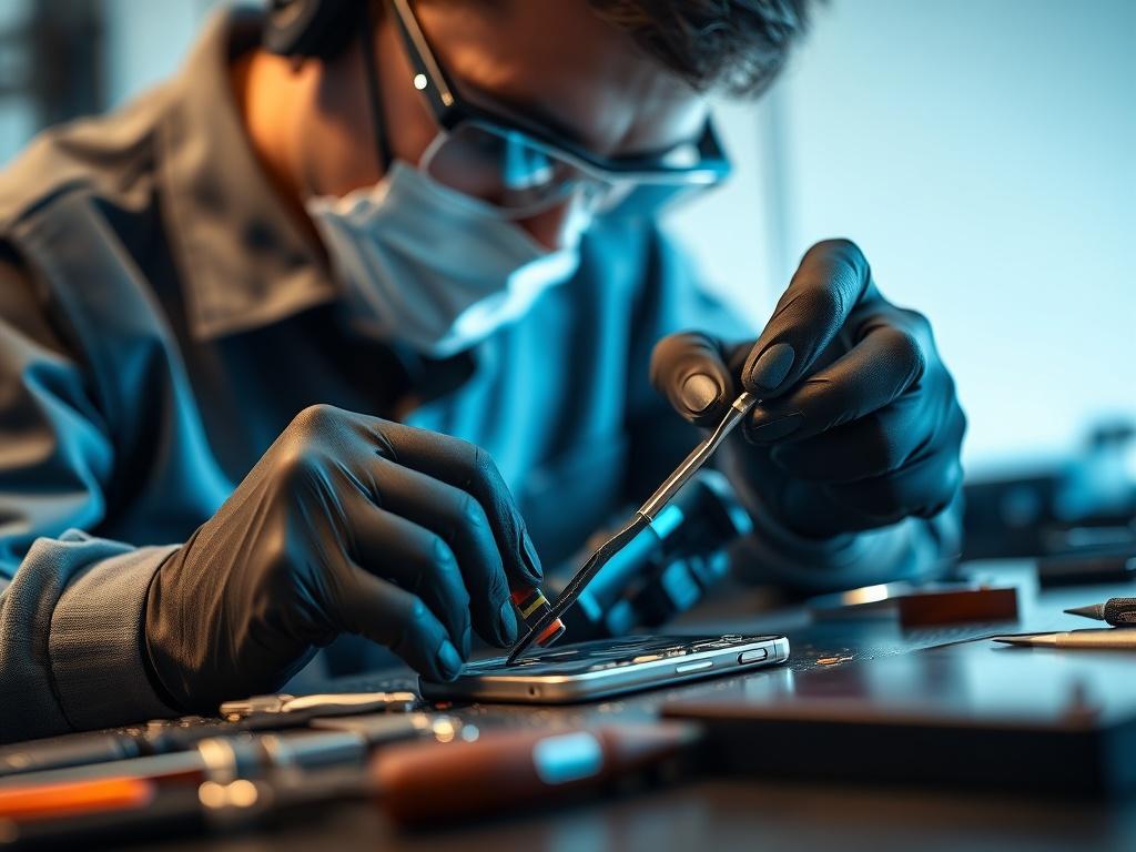 A hyper realistic close up shot of a technician repairing
