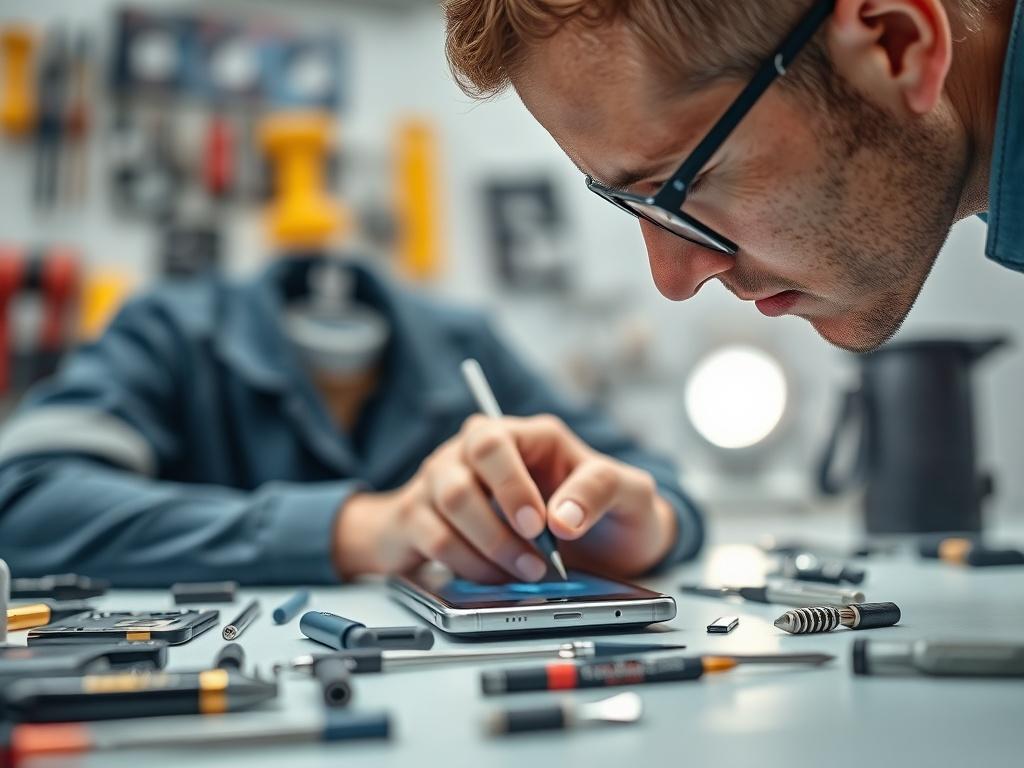 A close up shot of a technician repairing a mobile