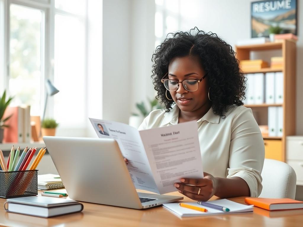 A curvy Black woman in a softly colored office, reviewing a tailored resume package on her laptop. She has a focused expression, with colorful stationery scattered around her. The room is filled with natural light, creating a warm and inviting ambiance that promotes creativity and productivity.