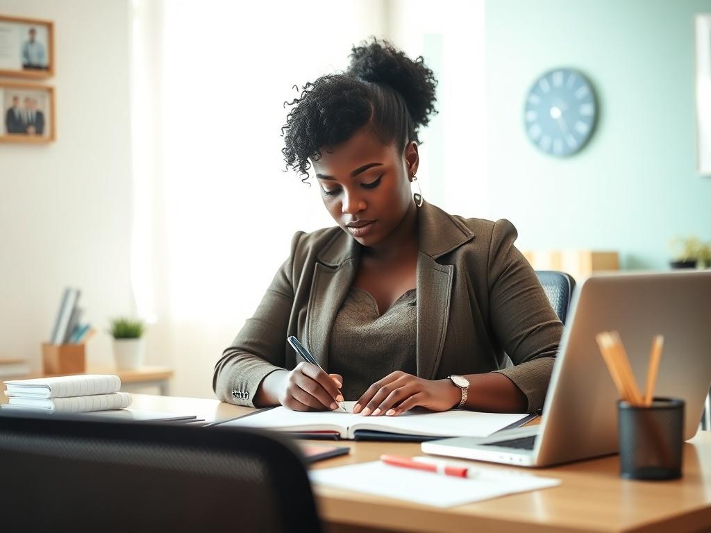 A curvy Black woman sitting at a desk in a softly colored office, deeply focused on writing a resume. The office is bright and inviting, with soft pastel colors on the walls and natural light pouring in through a window. The woman is surrounded by stationery and a laptop, reflecting a professional yet cozy atmosphere. This close-up shot captures her determination and creativity.