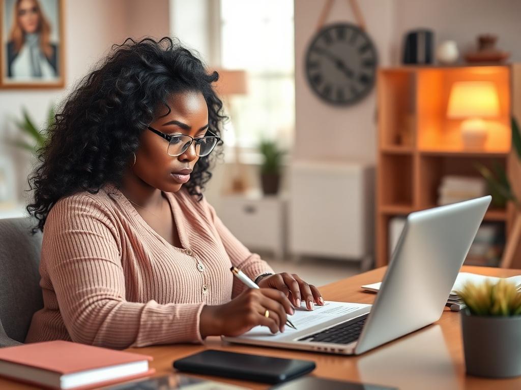 A curvy Black woman writing a resume in a soft colored office, intently focused on her laptop, surrounded by a warm and inviting workspace, featuring soft pastel colors and stylish decor, conveying determination and purpose.