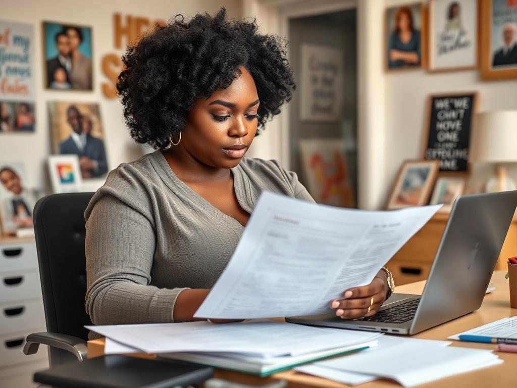 A curvy black woman sitting at her desk, analyzing her resume with a focused expression. Papers and notes are scattered around, and her laptop displays a job description. The room is bright, filled with personal touches like family photos and motivational quotes. This setting reflects her commitment to enhancing her professional story.