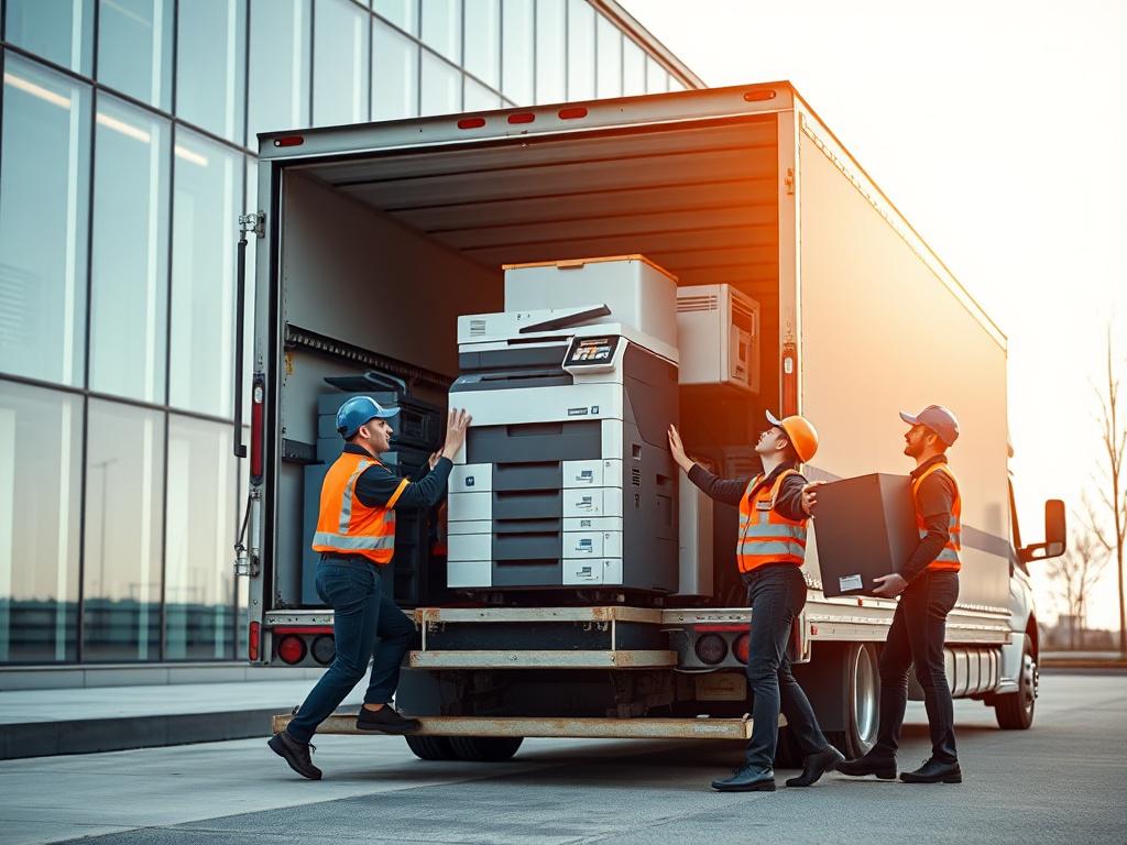 Realistic high-resolution photo of a moving crew loading office equipment into a truck in front of a modern commercial building. The workers wear uniforms with rgb(50, 170, 39) highlights. The background is simple and clean, focusing on the activity and professionalism of the team. The composition centers on the movers handling a large printer with care and precision.