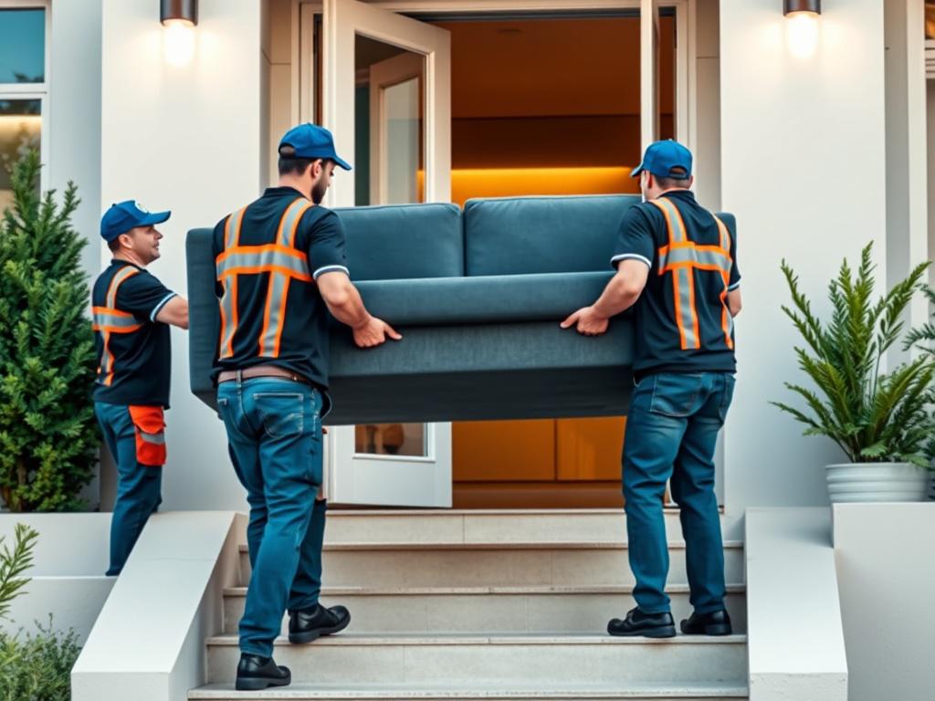 Photorealistic image of a professional moving team carefully carrying a sofa down stairs from a modern residential building. The scene is bright with vibrant rgb(50, 170, 39) accents in the uniforms and moving blankets. The background is minimalistic with clean lines, showing the entrance of a house with greenery. Composition focuses on the movers and the sofa, highlighting teamwork and care.