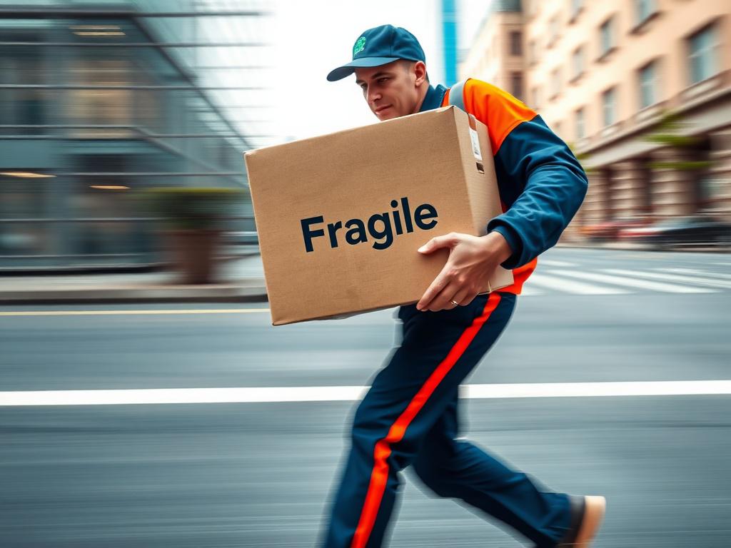 Detailed photorealistic image depicting a professional mover swiftly carrying a packed box labeled fragile. The mover wears a uniform accented with rgb(50, 170, 39). The background is minimalistic with clean lines, showing a blurred urban environment to emphasize speed and urgency. The composition highlights the mover in motion, demonstrating efficiency and care.