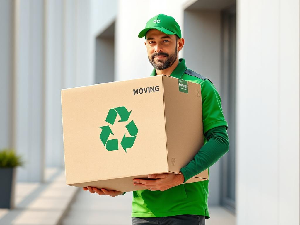 A photorealistic image of a professional mover carrying a neatly